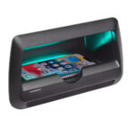 Waterproof phone housing with interior lighting.