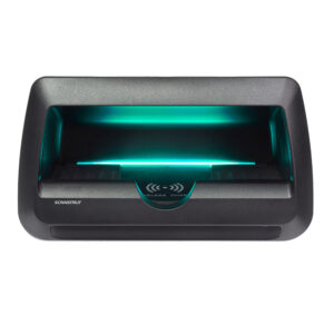 Black wireless charging station with green light.