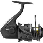 Black spinning fishing reel with aluminum gearbox.