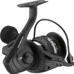 Black spinning fishing reel with sealed gearbox.