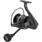 Black spinning fishing reel on white background.