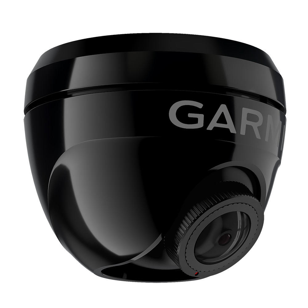 Black Garmin security camera close-up view.