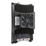 Black power converter with cooling fan and labels.