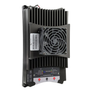 Black power converter with cooling fan and labels.