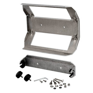 Metal mounting bracket and hardware set for assembly.