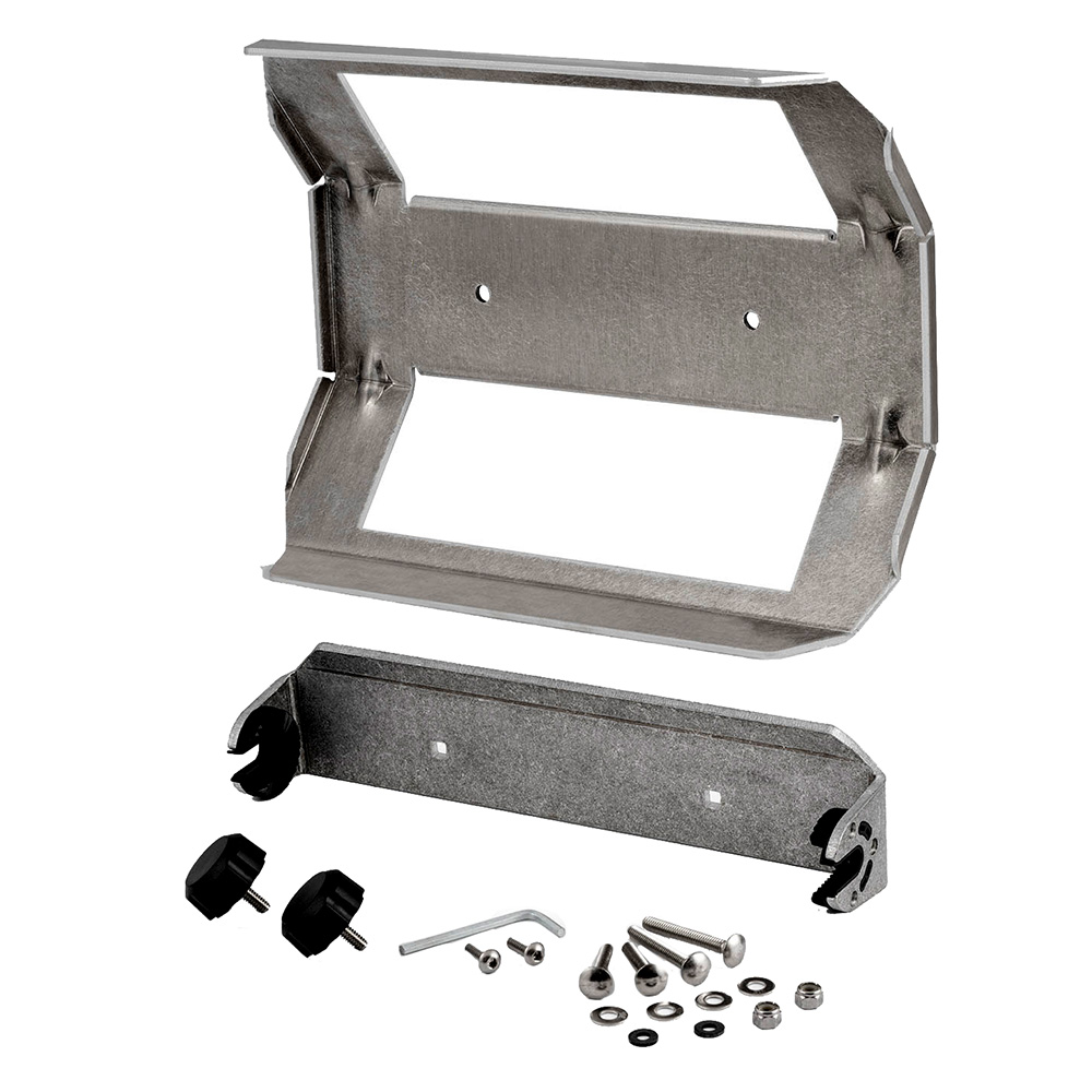 Metal mounting bracket and hardware set for assembly.