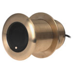 Bronze marine through-hull transducer with cable connection.