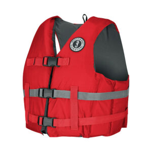 Red life jacket with black buckles