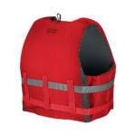 Red life jacket with adjustable straps.