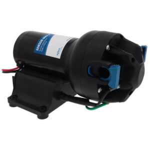 Black electric water pump with cables and label