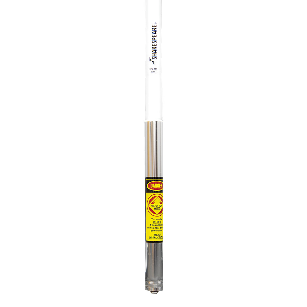Shakespeare marine antenna with warning label displayed.
