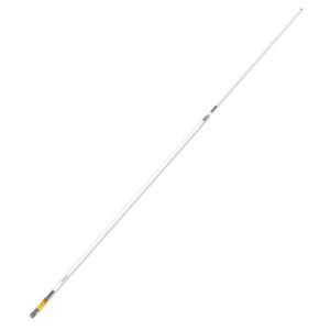 Long white antenna against white background.