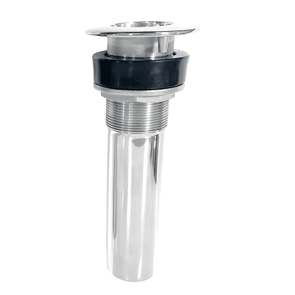 Chrome metal sink drain pipe with black gasket.