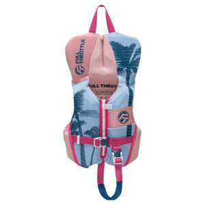 Pink and blue child life jacket with palm design.