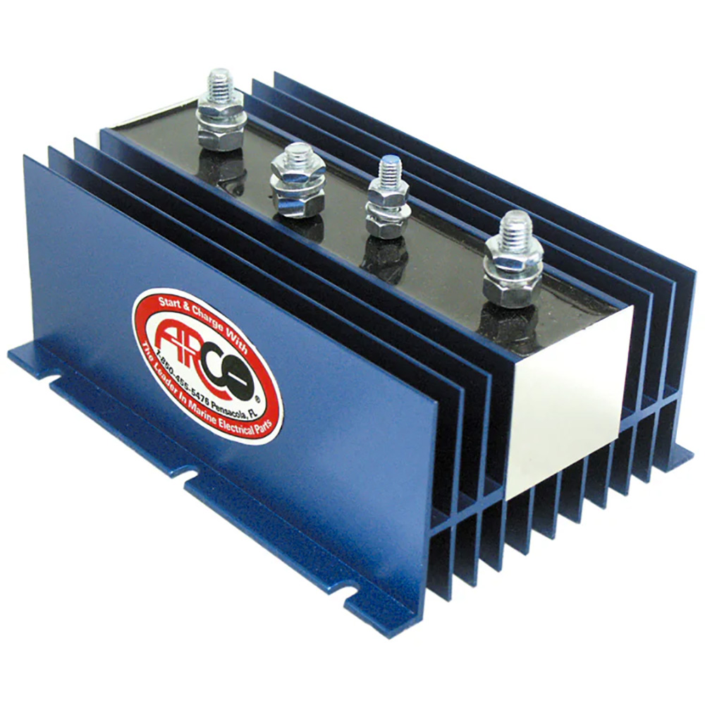 Blue marine electrical part with bolts and label.
