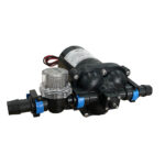 Black diaphragm water pump with tubing connectors.