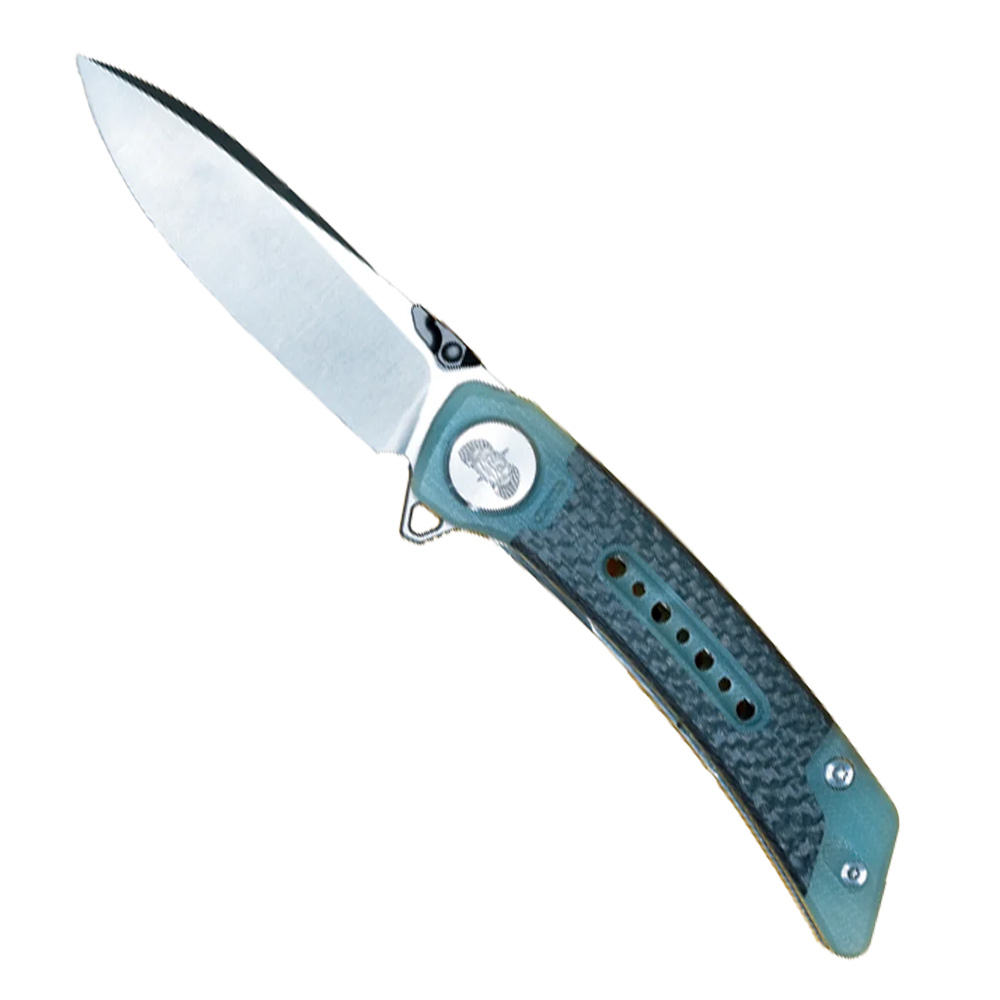 Folding knife with carbon fiber handle, stainless steel blade.