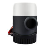 Electric water pump, black and white, front view.