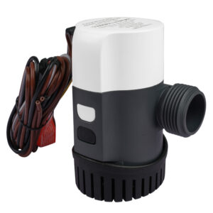 Portable electric water pump with attached cables.
