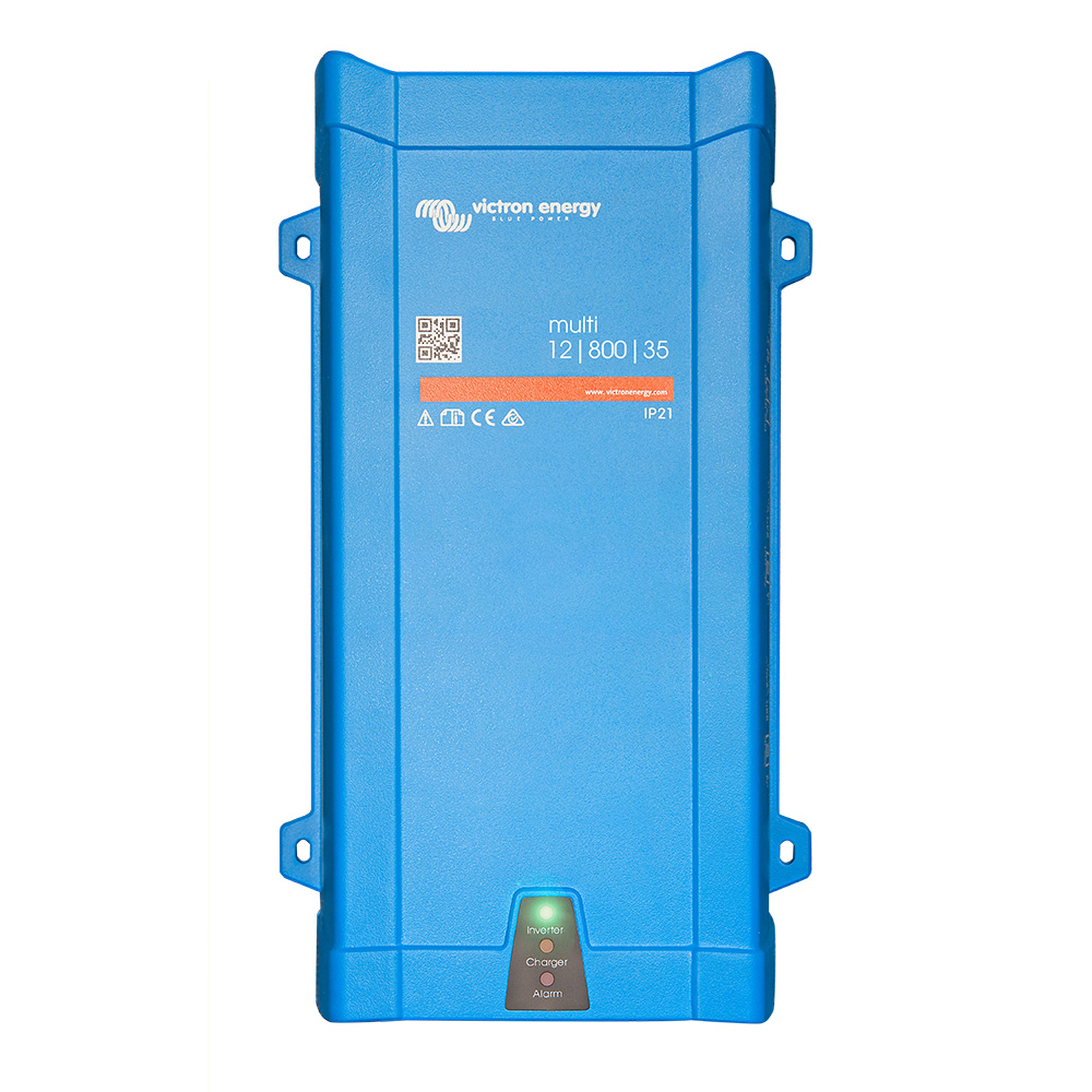 Blue Victron Energy power inverter charger device.