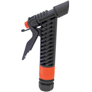 Black and orange garden hose nozzle sprayer