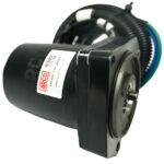 Black motor with coiled wires and label
