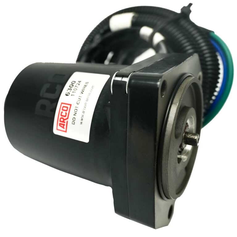 Black motor with coiled wires and label