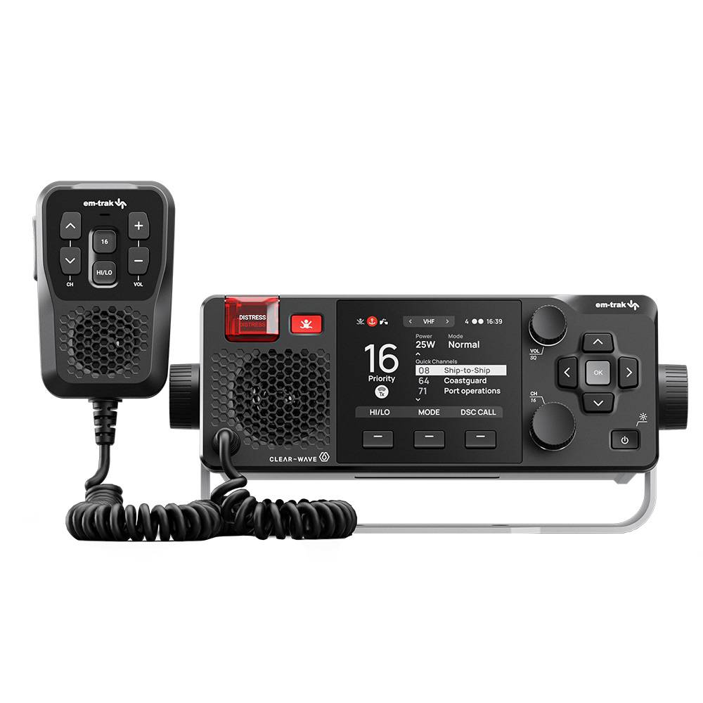 Marine VHF radio with display and microphone.