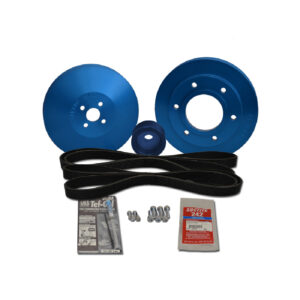 Auto engine pulley kit with belt and screws.