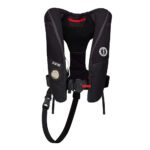 Black inflatable life vest with safety features.