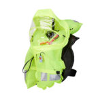 Bright yellow inflatable life vest with hood.
