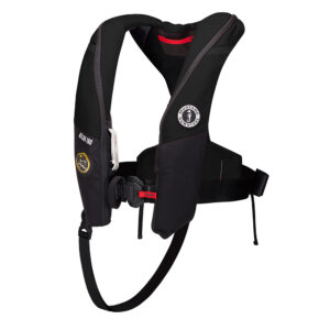 Black inflatable life jacket with safety buckle.