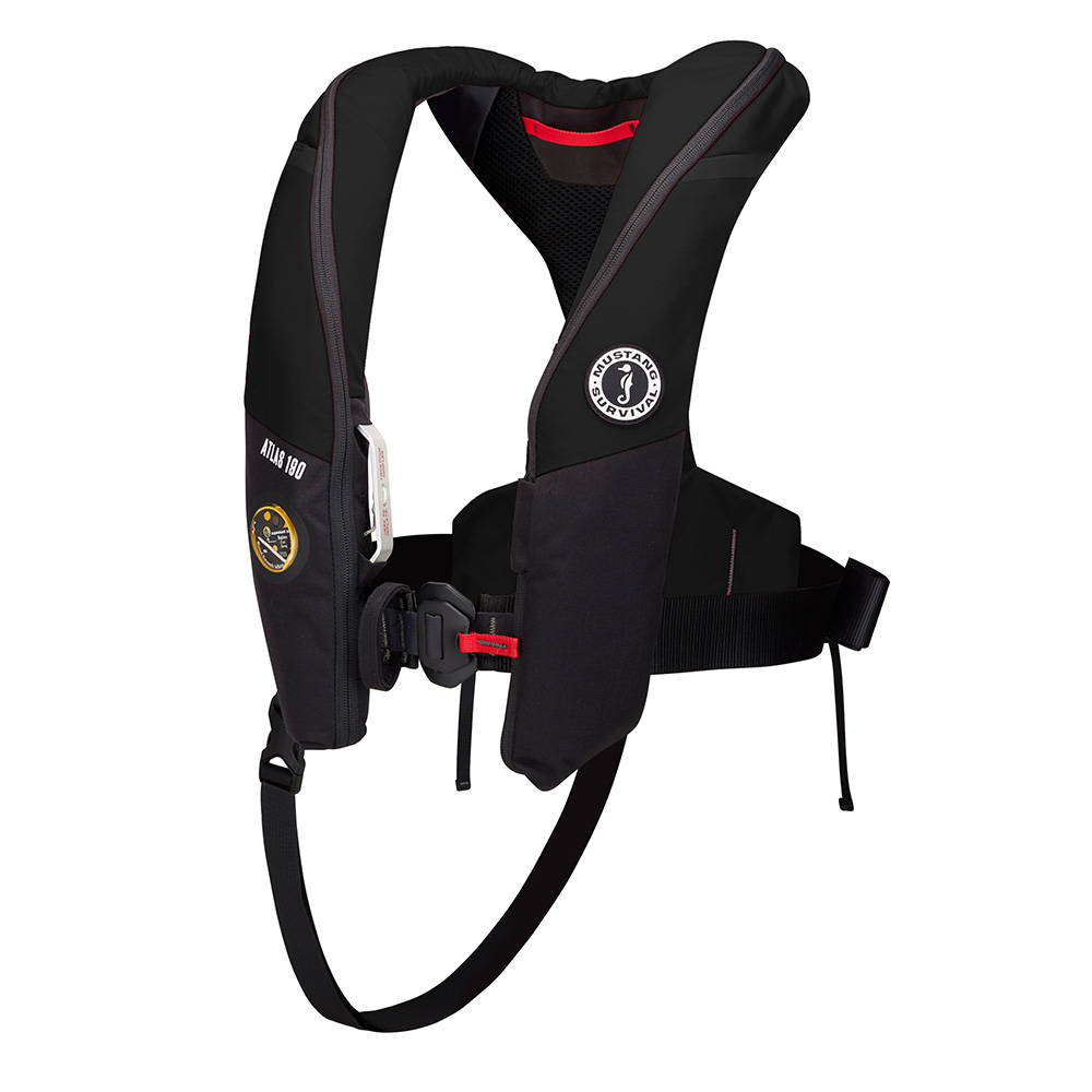 Black inflatable life jacket with safety buckle.