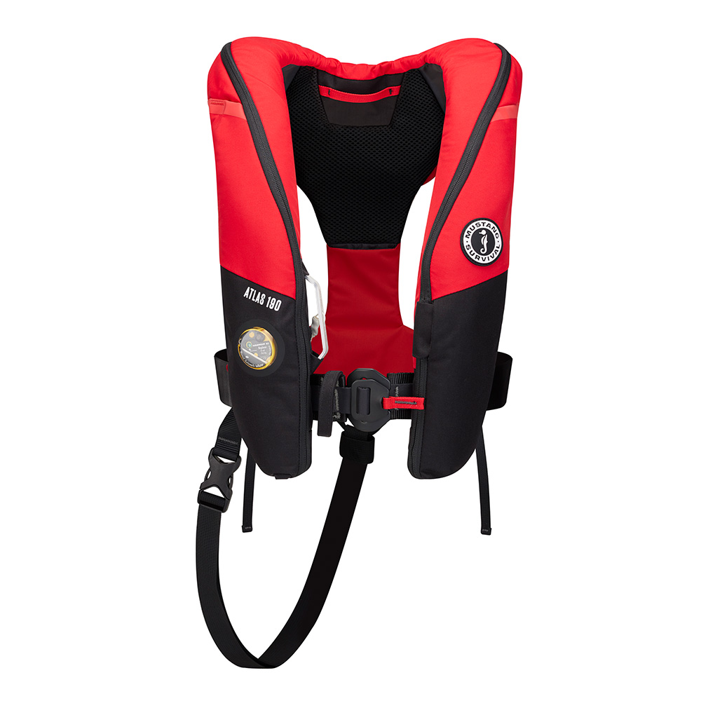 Red and black inflatable life jacket, front view.