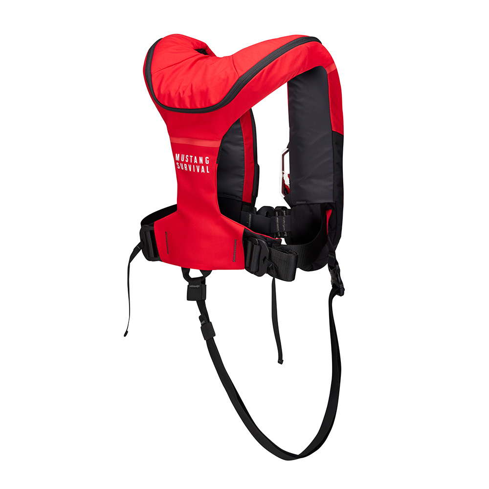 Red inflatable life jacket with black straps.