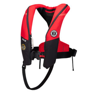 Red and black inflatable life jacket