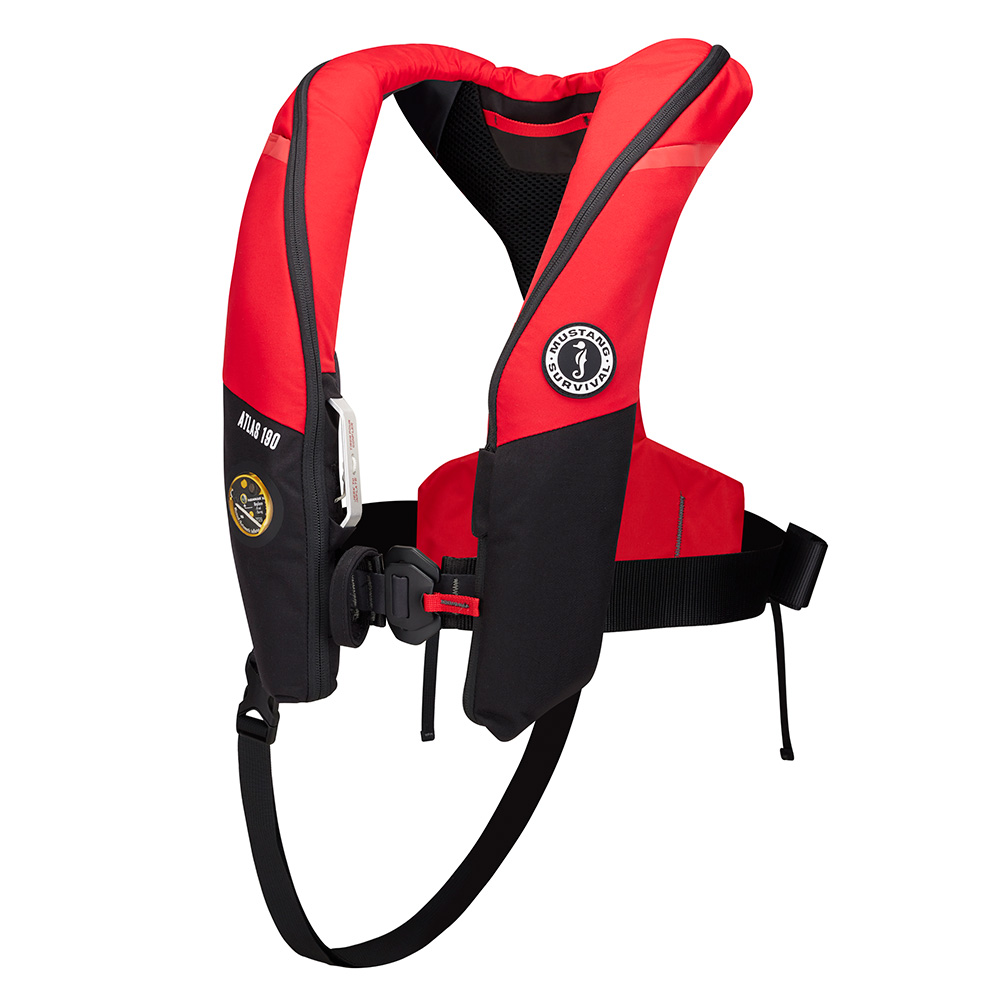 Red and black inflatable life jacket