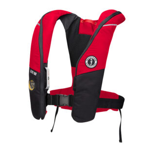 Red and black inflatable life jacket with logo.
