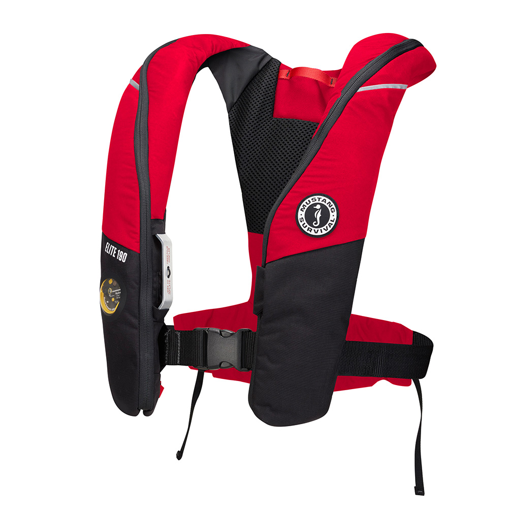 Red and black inflatable life jacket with logo.