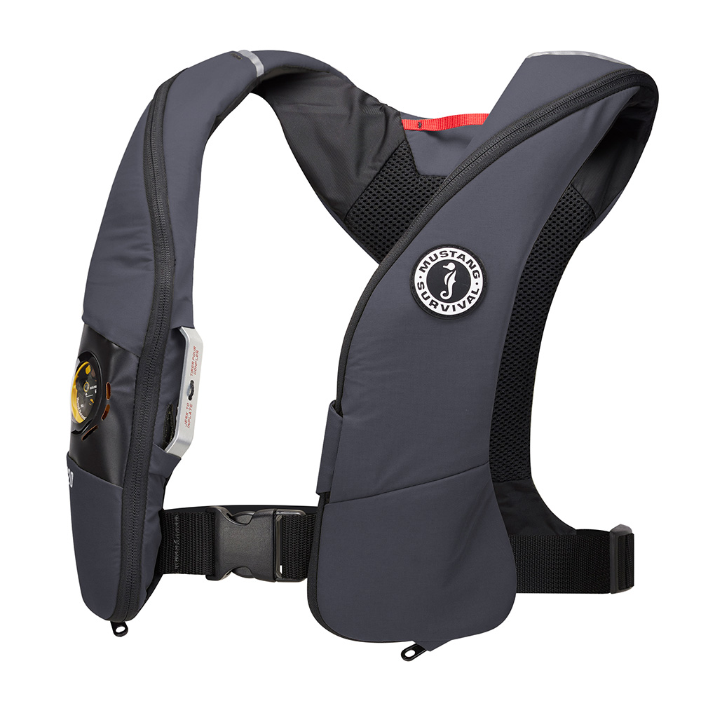 Gray inflatable life jacket with black straps