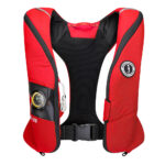 Red life jacket with safety features.