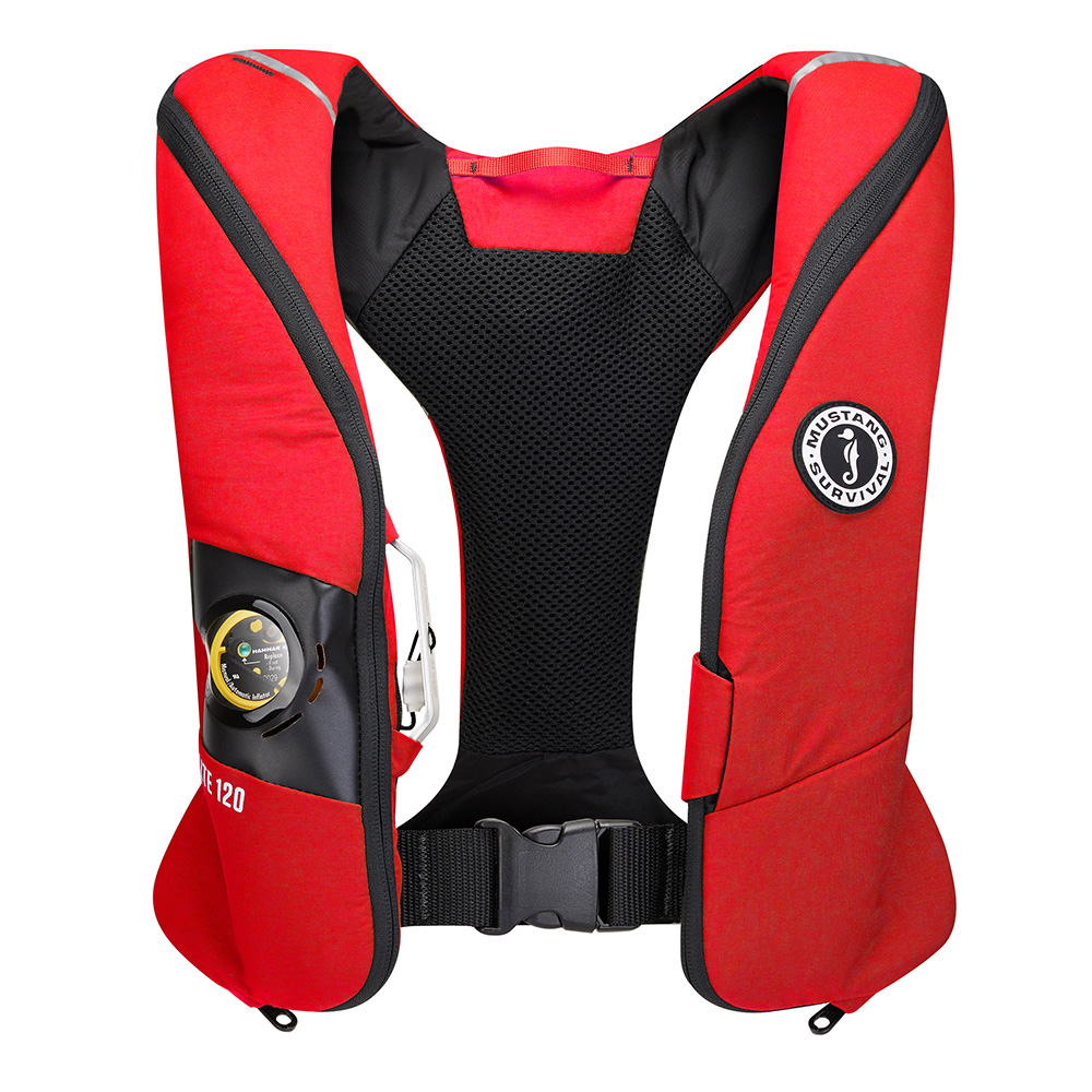 Red life jacket with safety features.