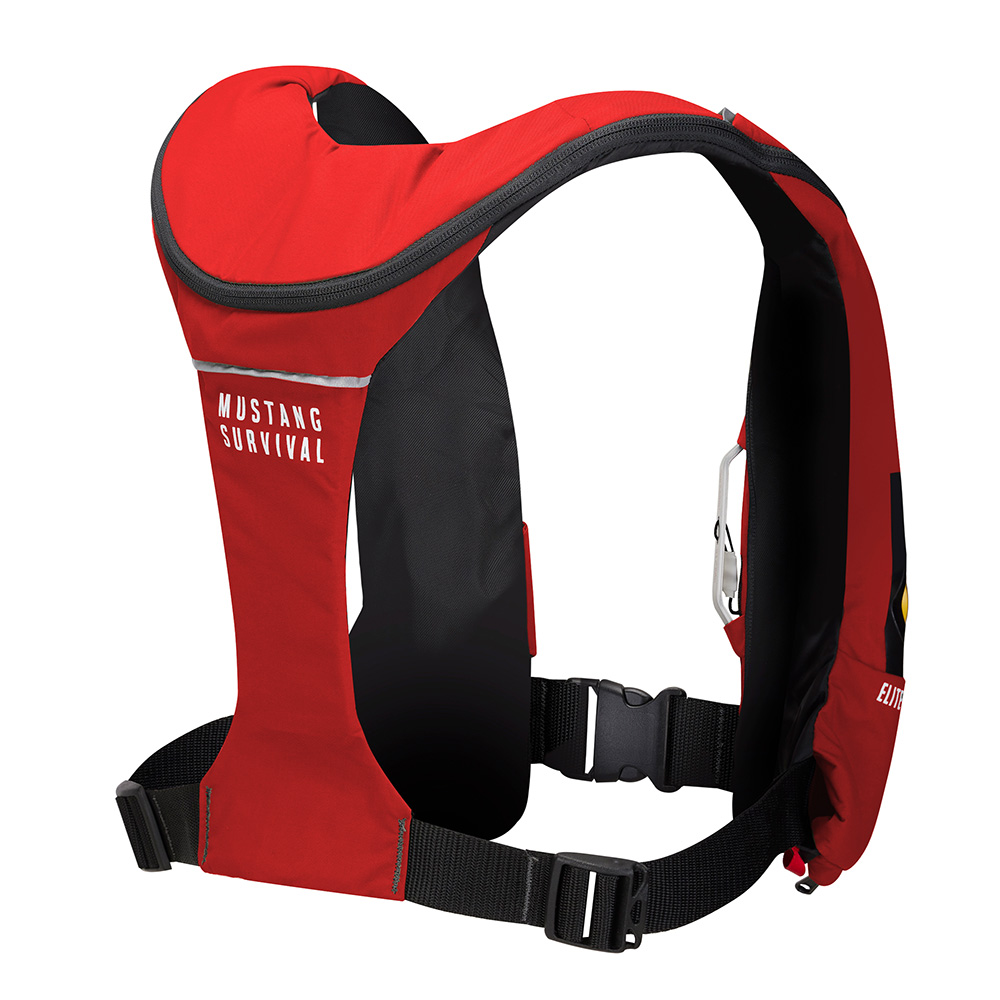 Red life jacket with Mustang Survival logo.