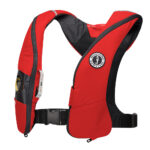 Red inflatable life vest for water safety.