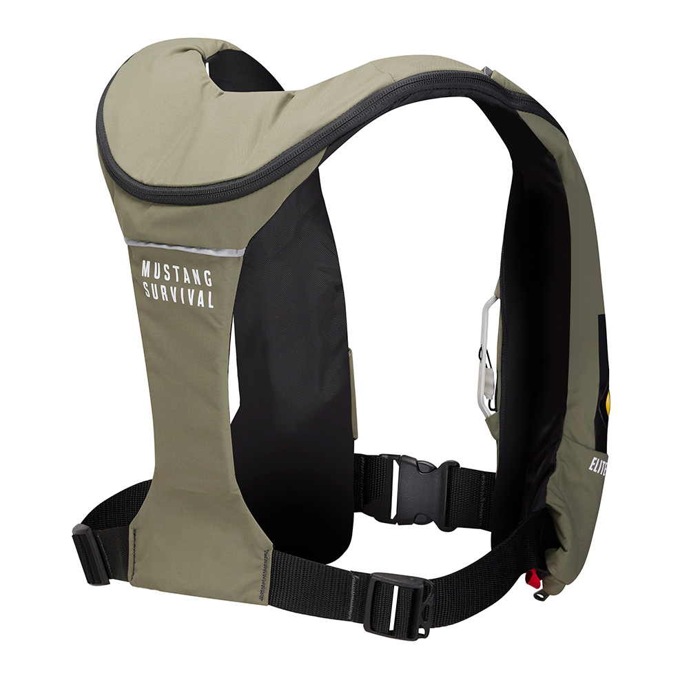 Mustang Survival life vest, black and beige color.