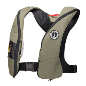 Olive green safety flotation vest with logo.