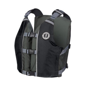 Black life jacket with buckles and logo