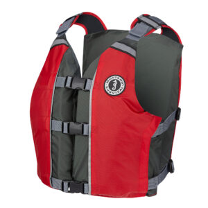 Red and gray life jacket with safety buckles.