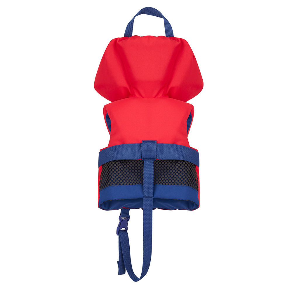Red and blue dog life jacket with handle.