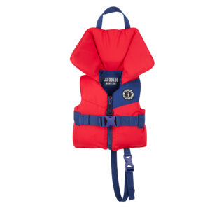 Red infant life jacket with buckle straps